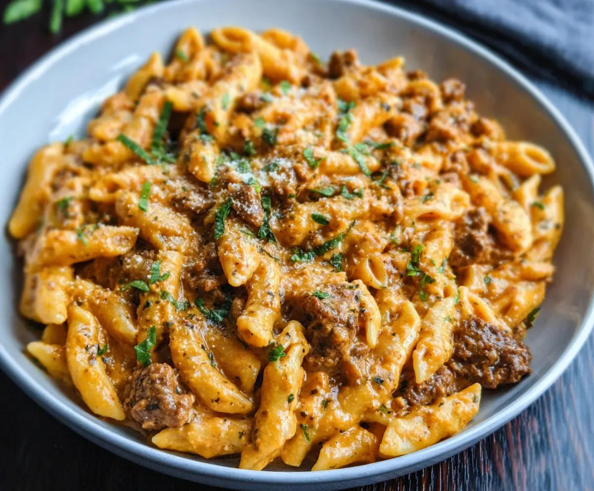 Creamy beef pasta with high protein content on a plate, garnished with herbs.