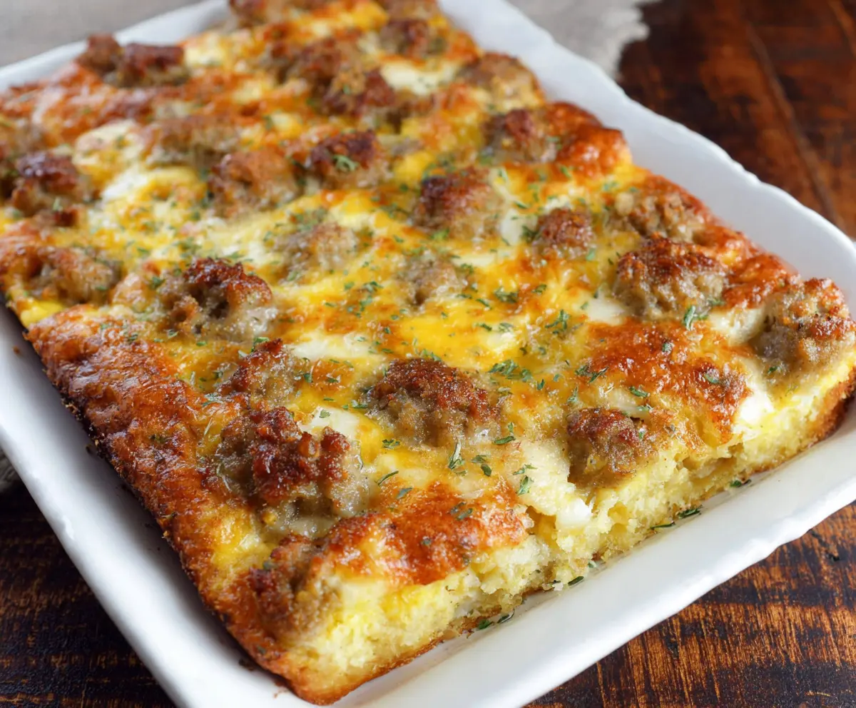 Delicious easy sausage and egg casserole with melted cheese and fresh herbs, perfect for breakfast or brunch.