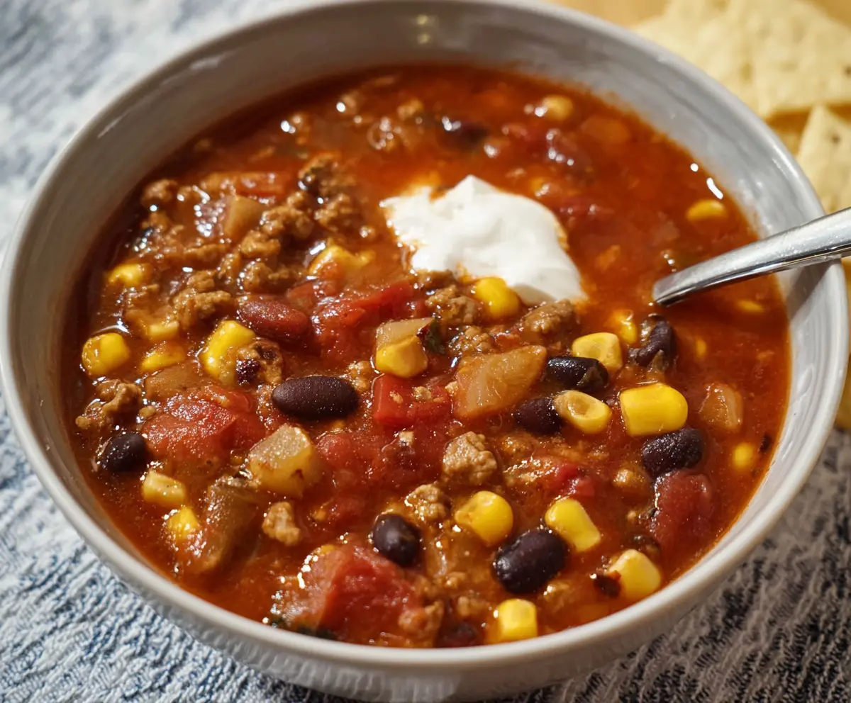 Delicious Easy Taco Soup in a bowl with beef beans and taco seasoning