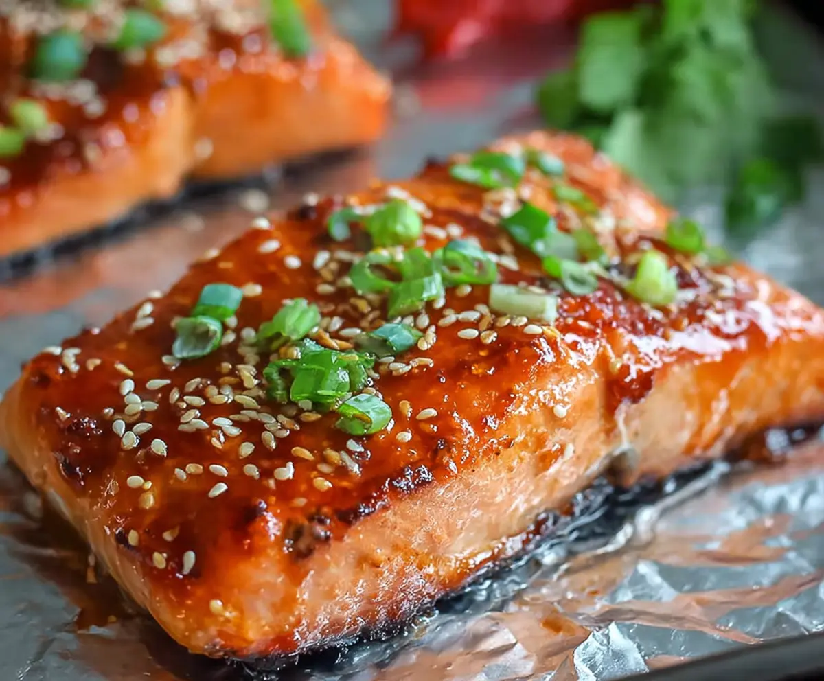 Delicious glazed teriyaki salmon served with fresh vegetables on a white plate