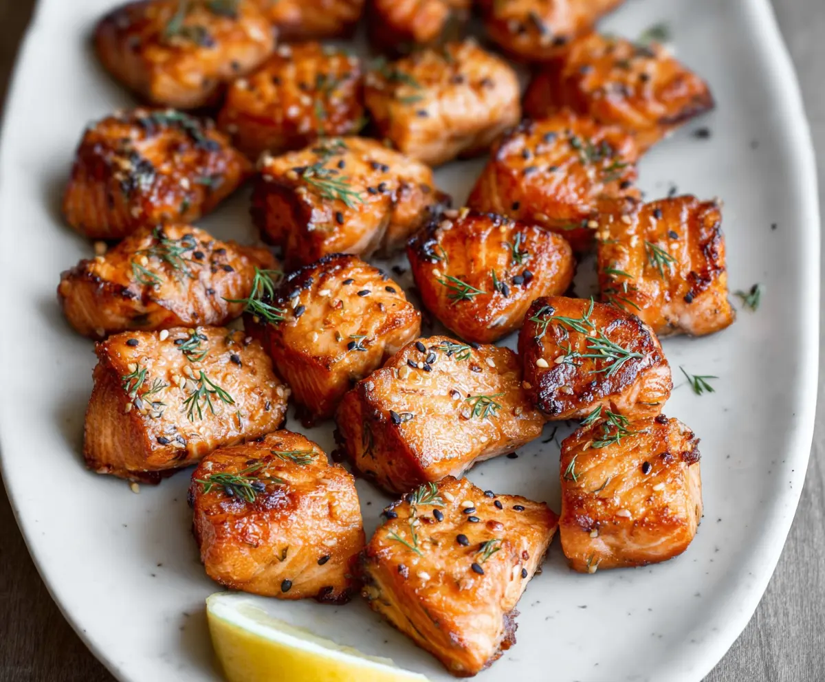 Delicious salmon bites garnished with herbs on a white plate, ready to serve in minutes.