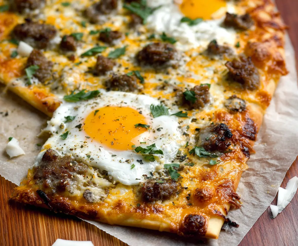 Delicious high protein sausage and egg breakfast pizza on a white plate, garnished with fresh herbs.