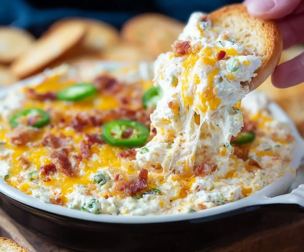 Creamy jalapeño popper dip topped with melted cheese and crispy bacon slices.