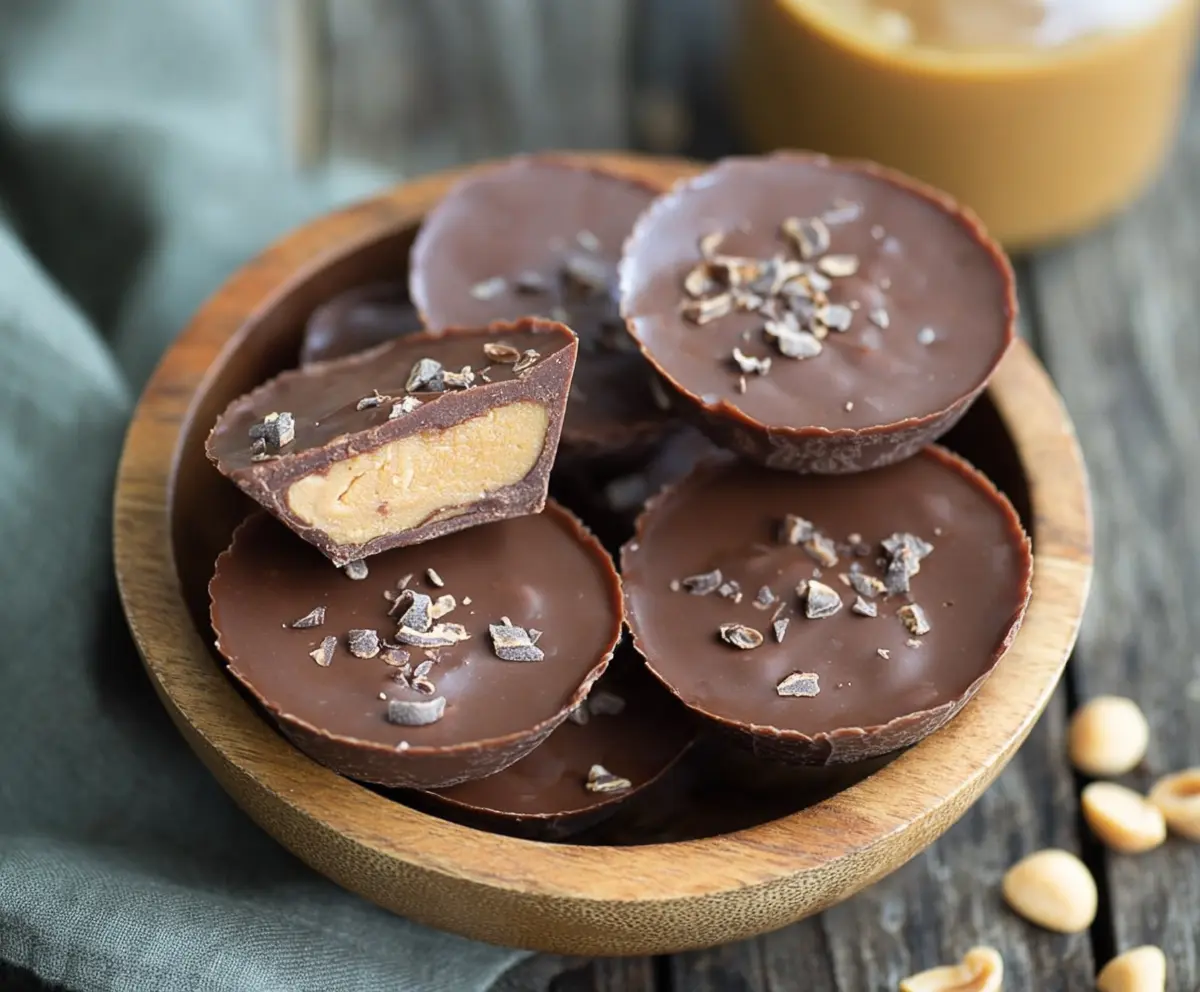 Delicious keto peanut butter chocolate fat bombs on a white plate, perfect low-carb dessert for weight loss.