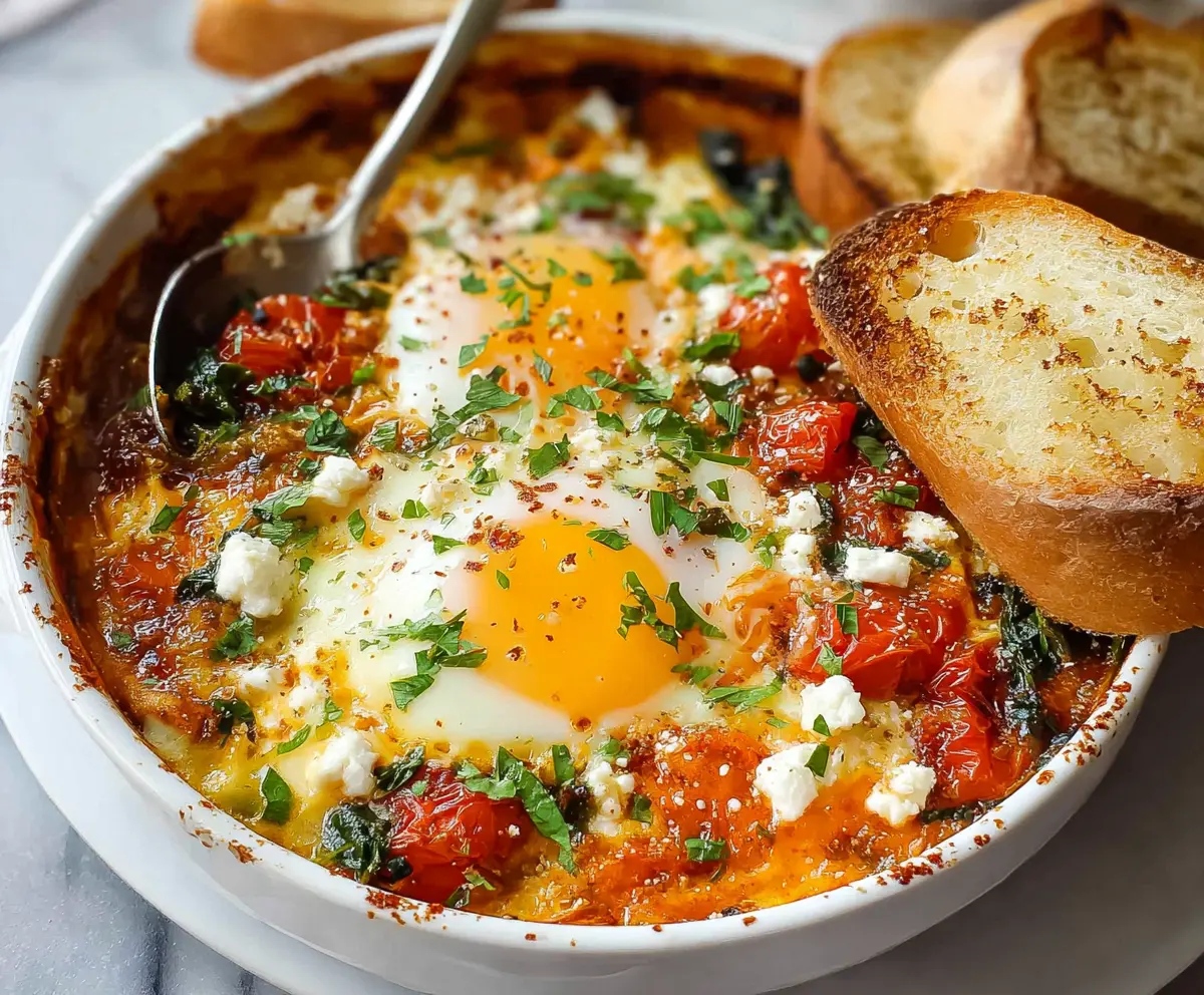 Delicious Mediterranean Baked Feta Eggs served with fresh herbs and vegetables in a skillet.