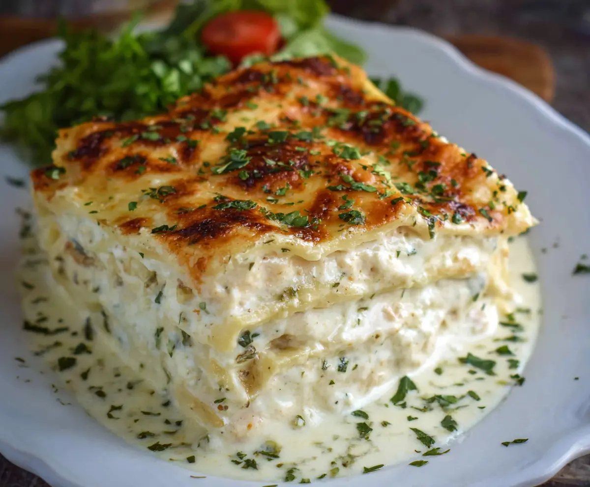Delicious creamy white lasagna made with layers of cheese, béchamel sauce, and tender pasta.