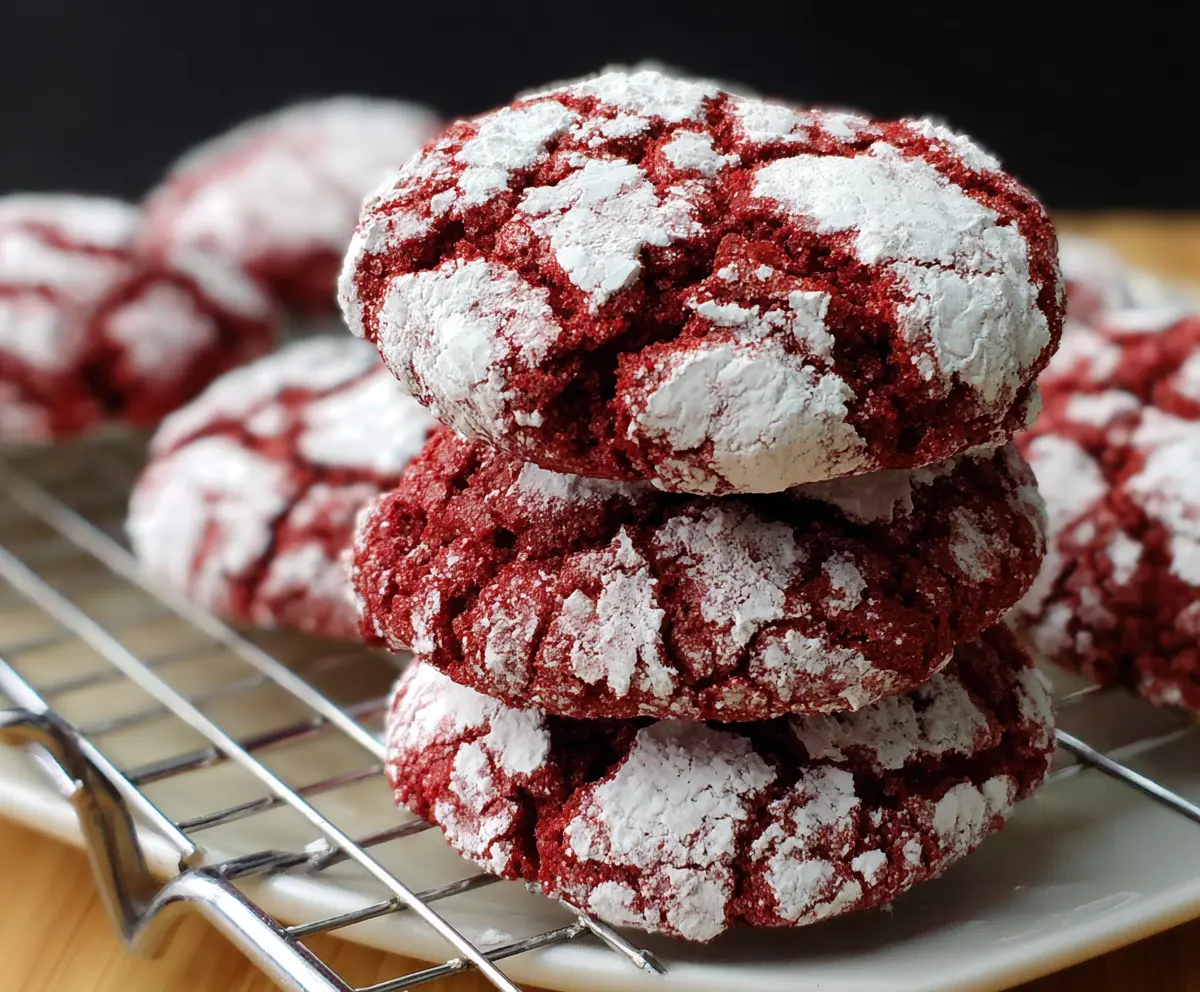 Delicious red velvet crinkle cookies with powdered sugar coating, perfect for holidays and special occasions.