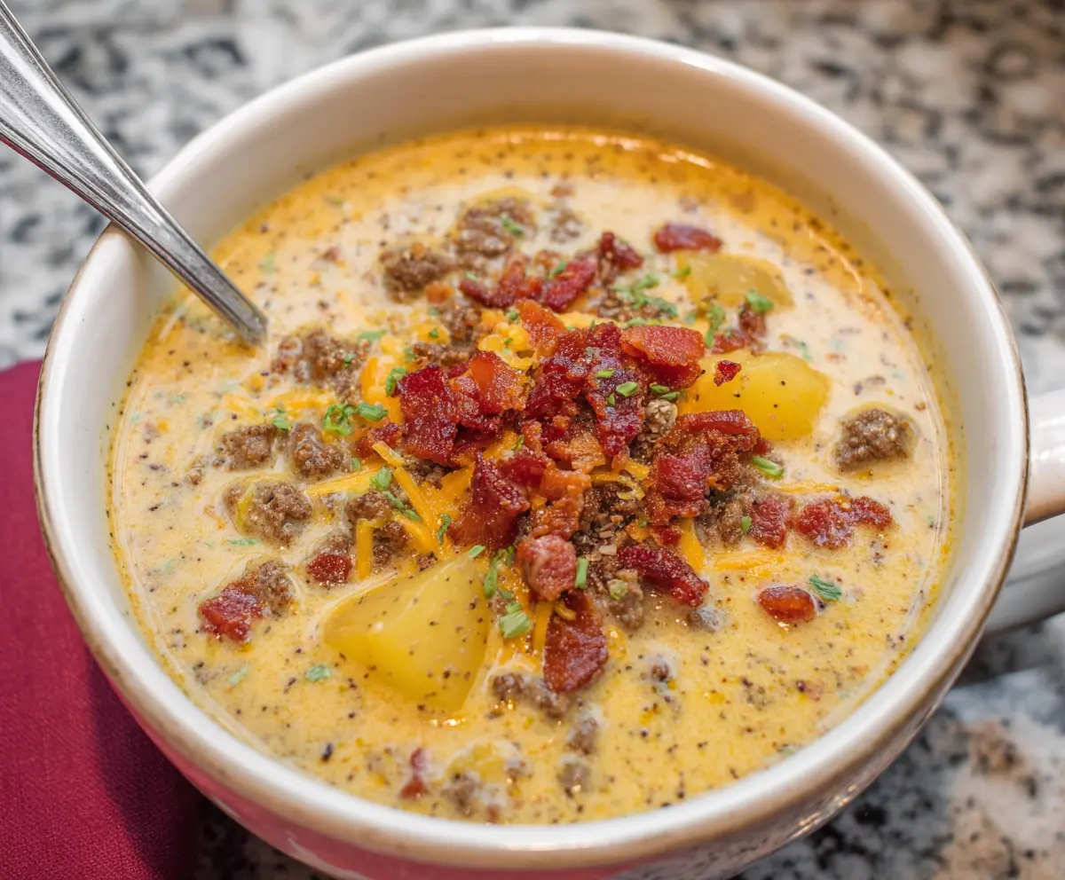 Hearty cheeseburger soup in a bowl topped with melted cheese and fresh herbs