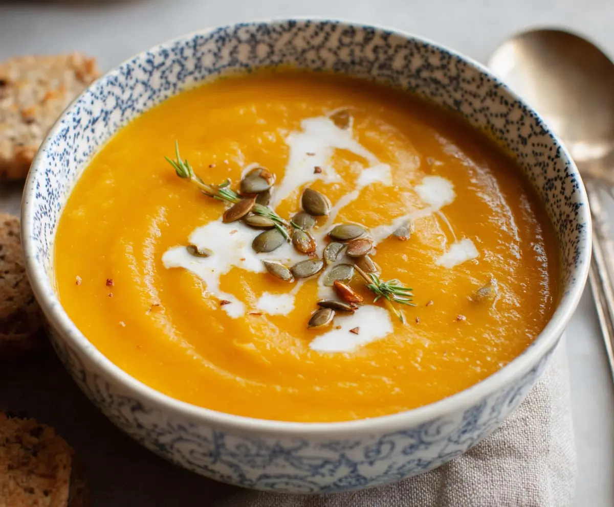 Creamy roasted butternut squash soup served in a bowl with fresh herbs and a drizzle of cream.