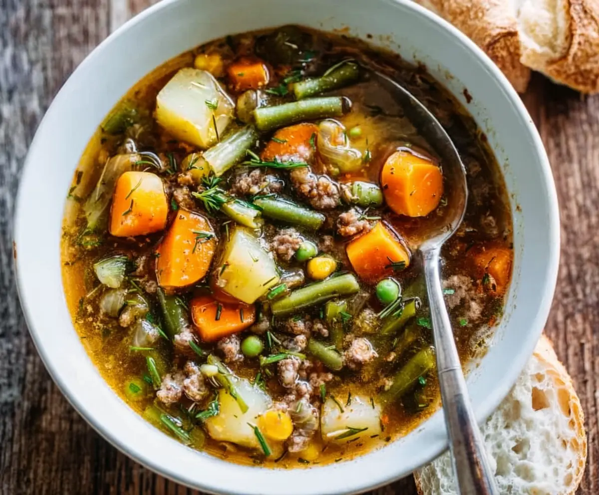 Hearty rustic vegetable soup in a bowl with fresh herbs and colorful vegetables, perfect for a cozy meal