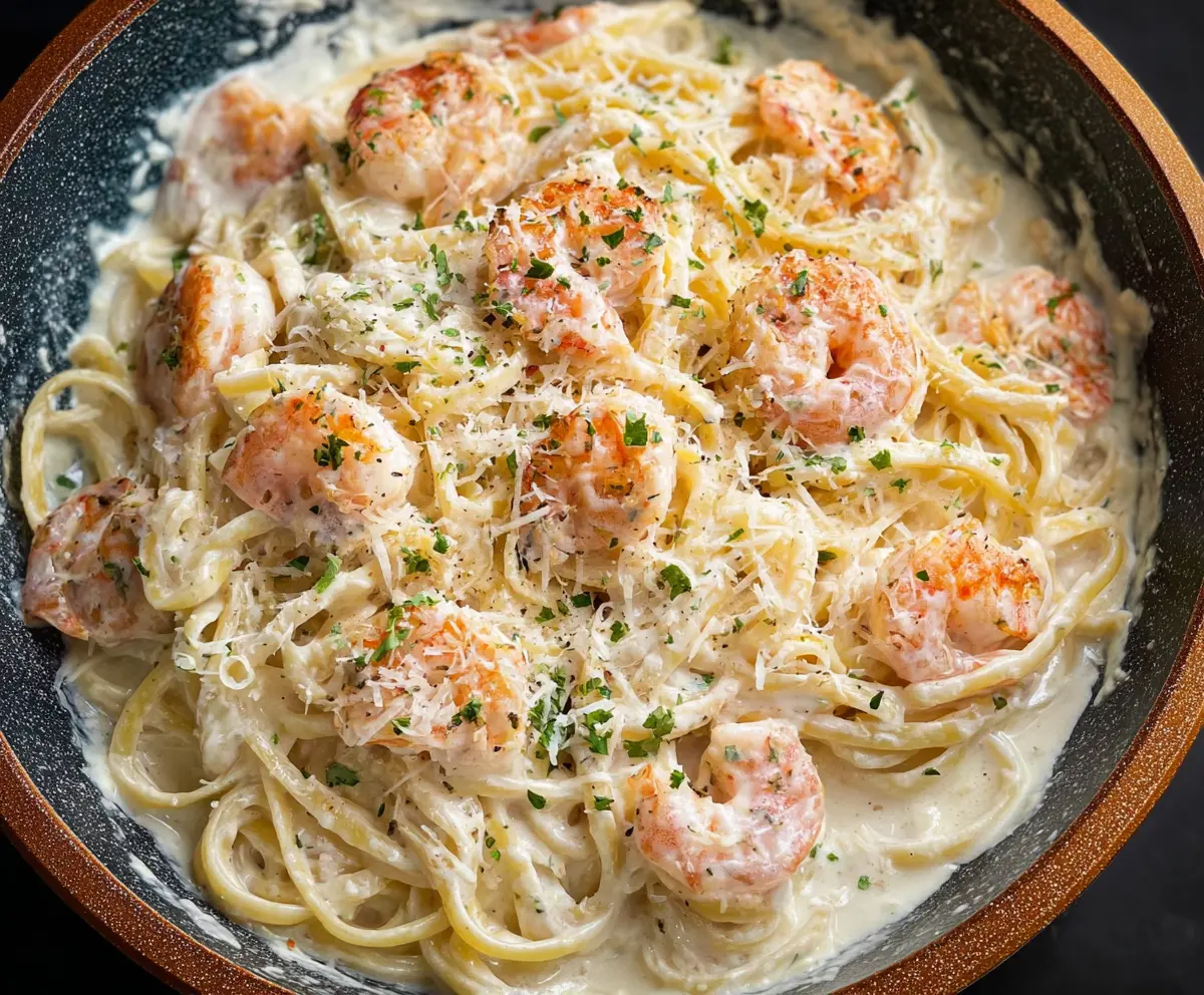 Creamy Shrimp Alfredo pasta garnished with parsley on a white plate
