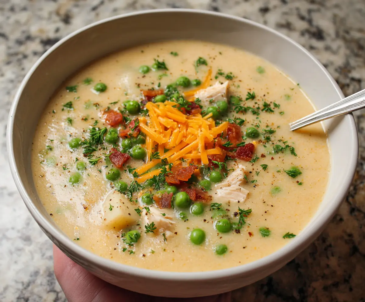 Creamy slow cooker potato soup served in a bowl with chives on top, perfect for a comforting meal.