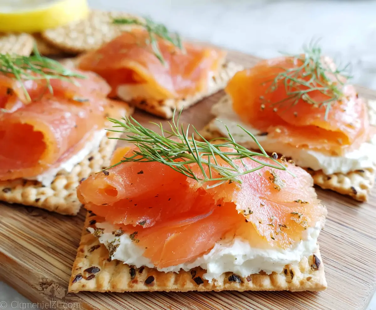 Delicious smoked salmon and cream cheese on crispy crackers, perfect for appetizers.
