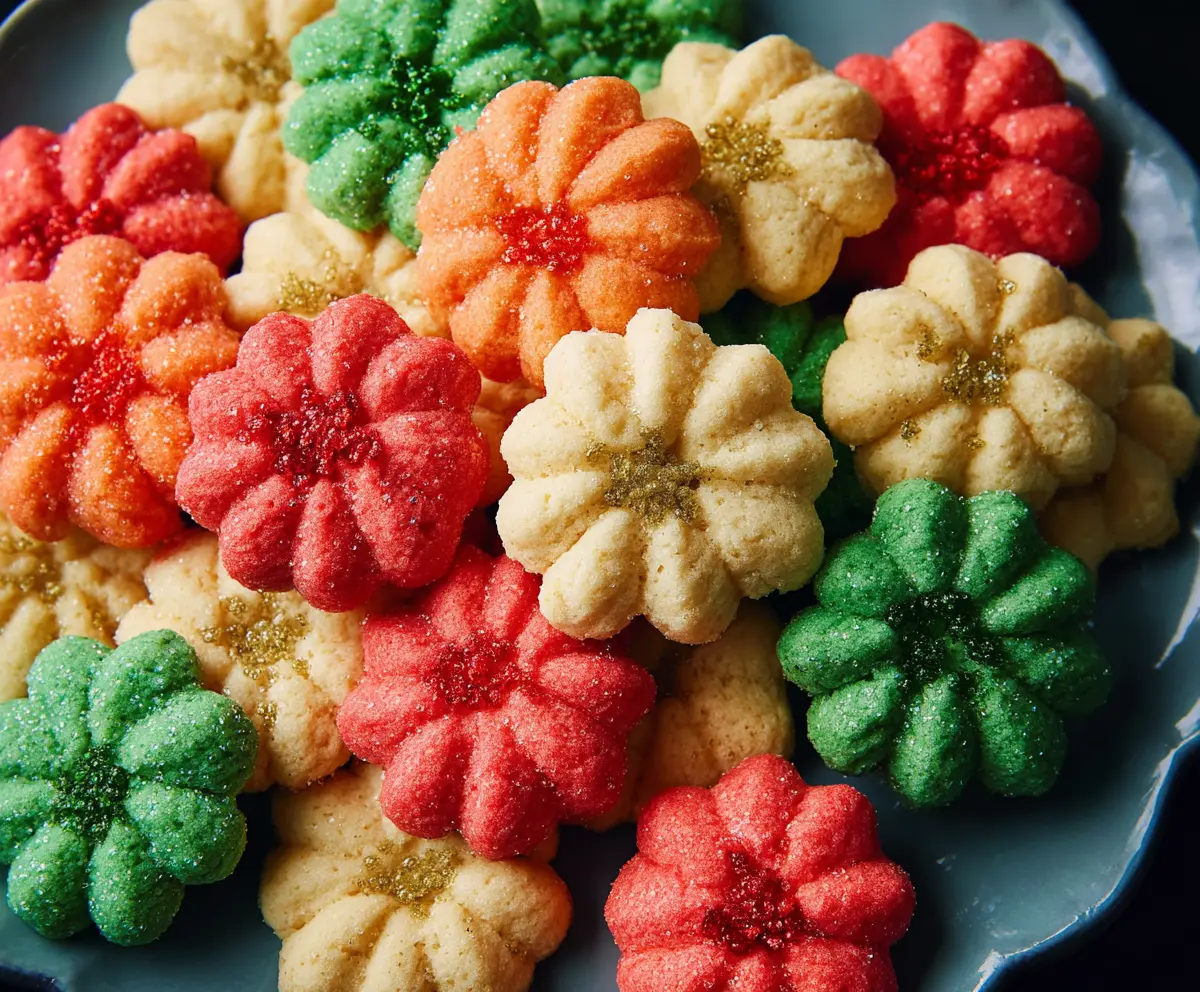 Delicious freshly baked spritz cookies on a baking tray, ready to be enjoyed