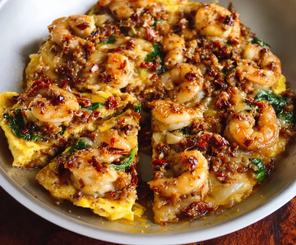 Delicious Tuscan shrimp with spinach, artichokes, and sun-dried tomatoes on a plate.