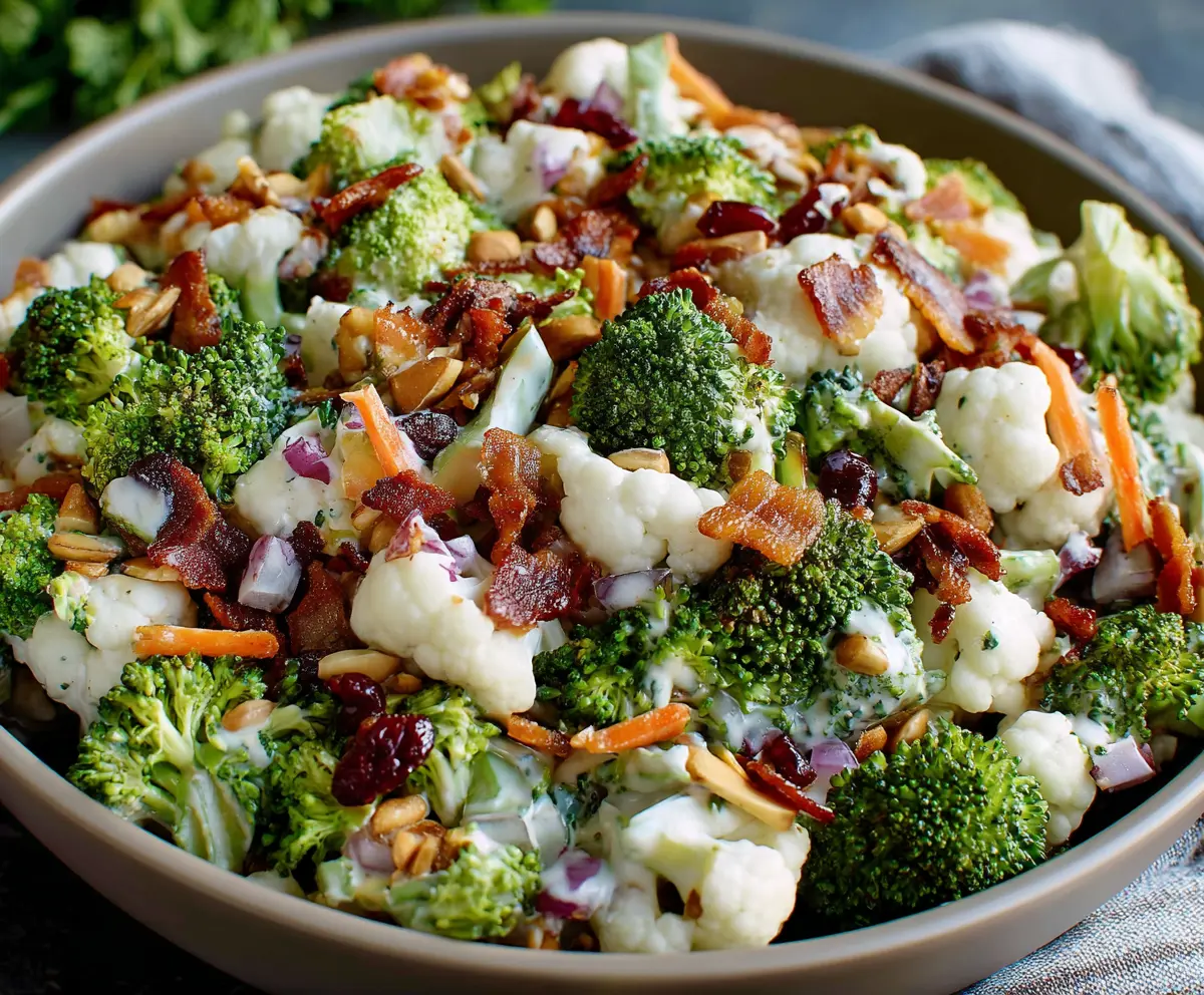 Fresh cauliflower and broccoli salad topped with herbs for a healthy recipe