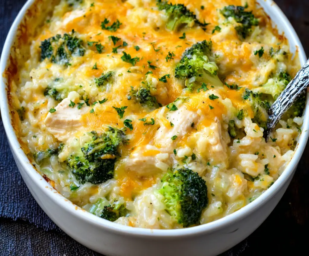 Creamy Chicken Broccoli Rice Cheese Casserole