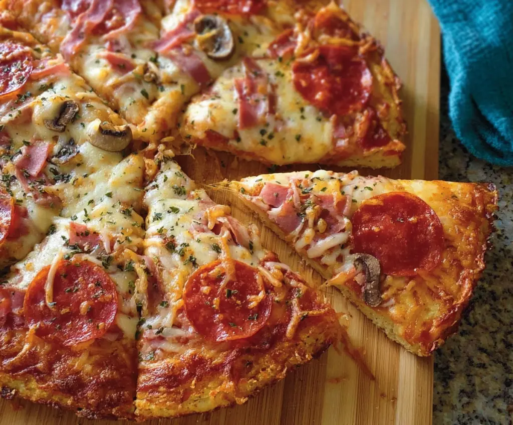Gluten-free pizza dough fresh out of the oven ready to serve.