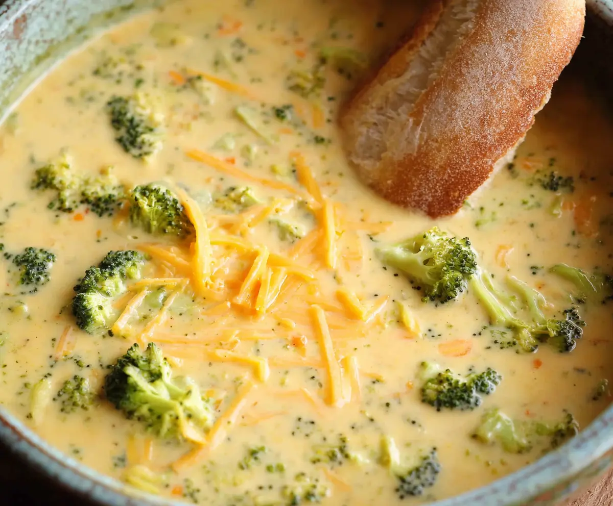 Creamy broccoli cheddar soup served in a bowl, highlighting fresh broccoli and melted cheddar cheese.