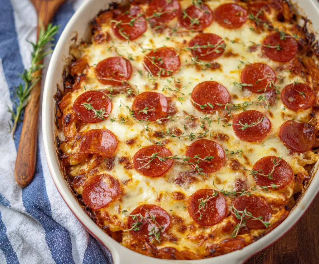 Delicious pepperoni pizza casserole with melted cheese and crispy crust served on a plate.