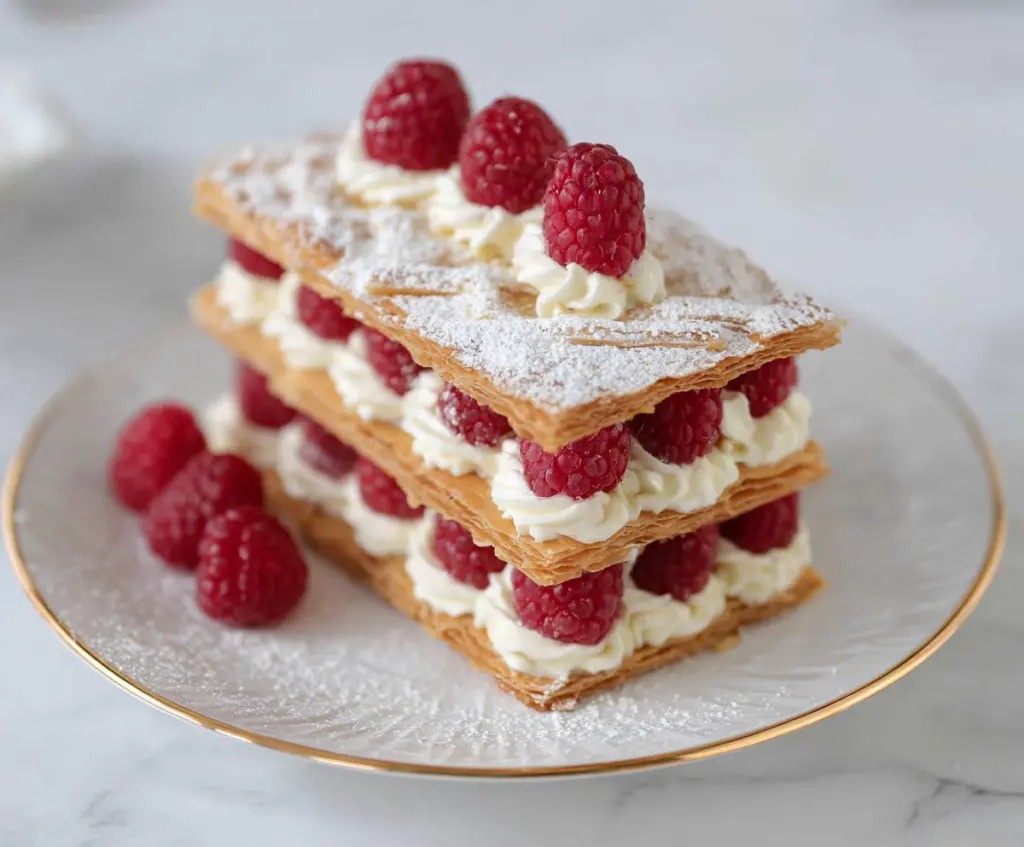 Raspberry Cream Napoleons with fresh raspberries and whipped cream on elegant dessert plates for Valentine's Day.