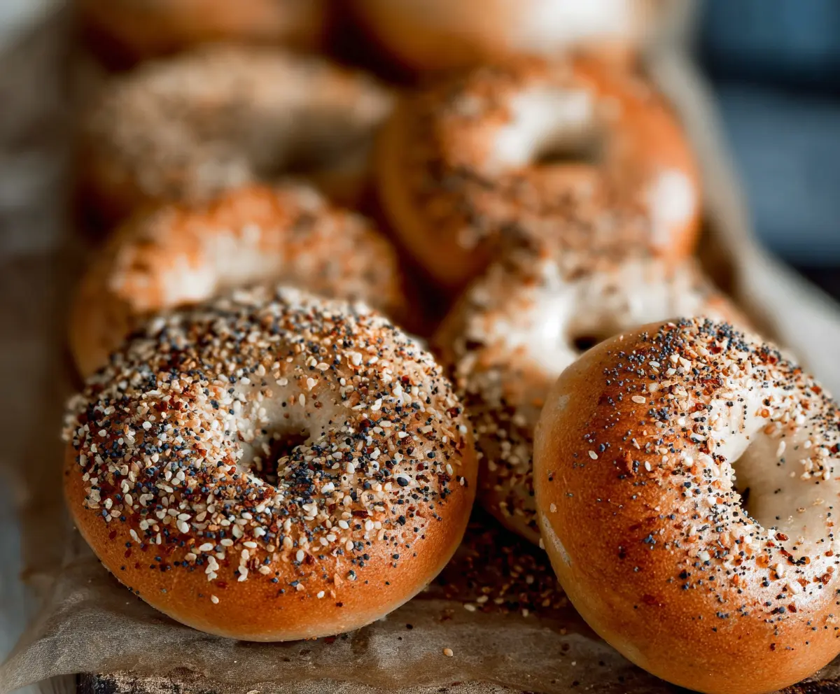 Delicious homemade sourdough bagels with a golden crust and chewy interior.