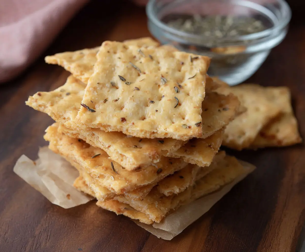 Crispy homemade sourdough crackers on a wooden board with three simple ingredients.