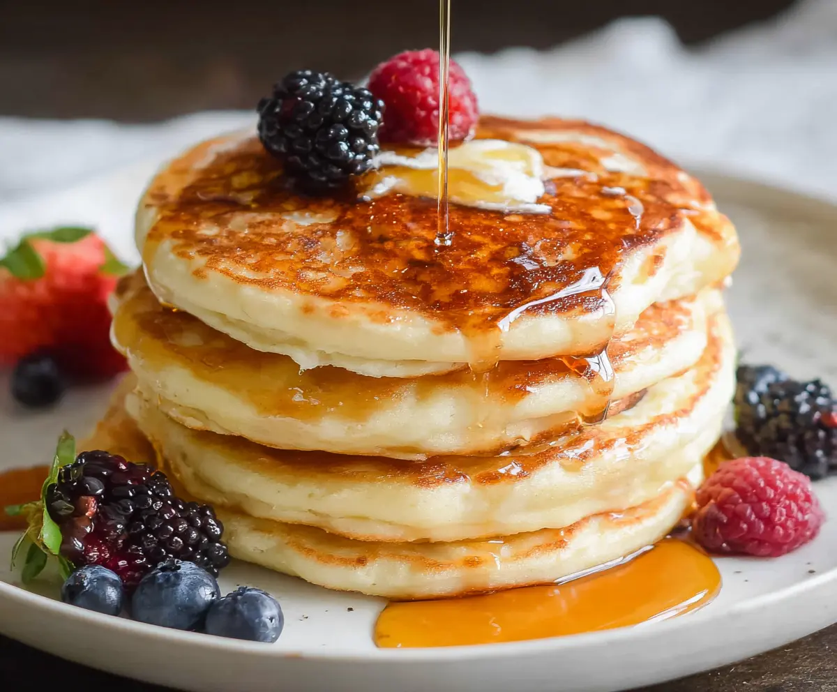 Golden brown sourdough discard pancakes topped with fresh berries and maple syrup.
