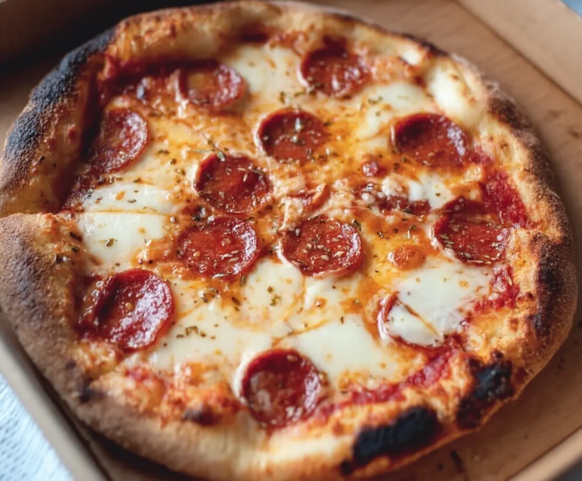 Homemade sourdough pizza dough ready for baking on a wooden surface.