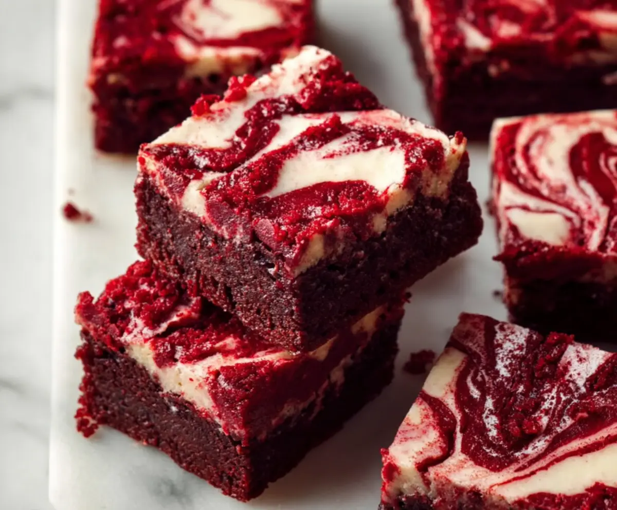 Rich and fudgy red velvet brownies topped with cream cheese frosting, perfect for Valentine's Day desserts.